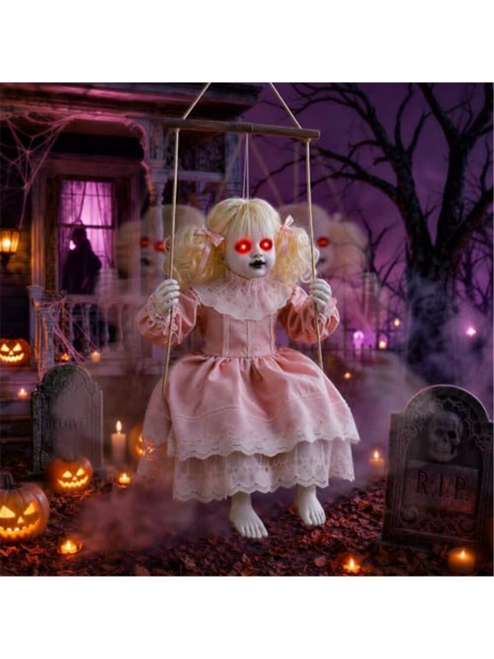 Halloween Animatronic Doll Decorations Outdoor, Animated Hanging Swinging Girl